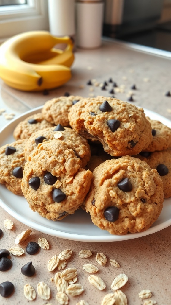A plate of classic banana oatmeal cookies with chocolate chips, fresh bananas, and oats in the background.