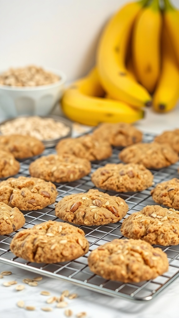Freshly baked banana oatmeal cookies cooling on a wire rack with bananas and oats in the background.