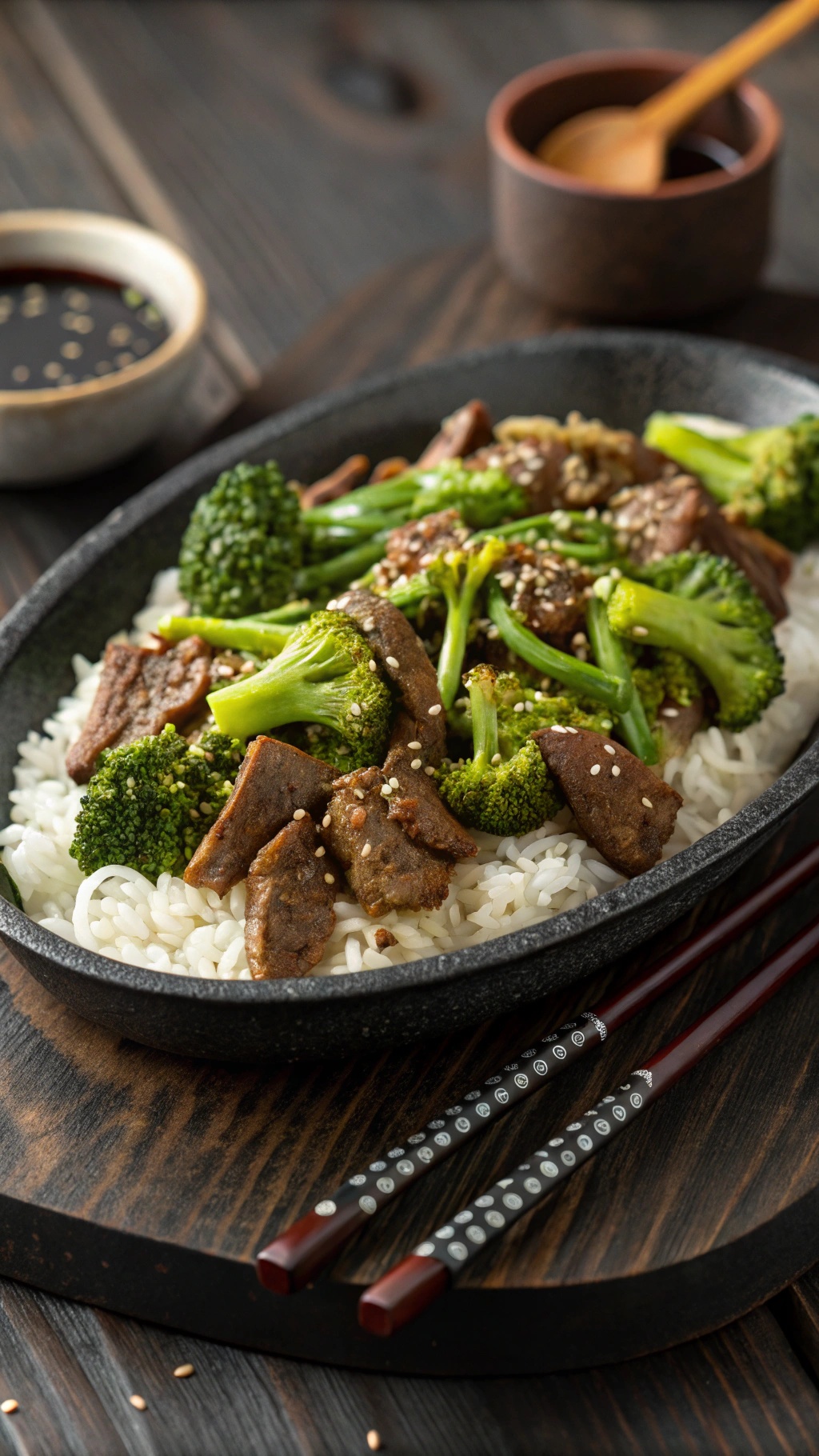 A delicious beef and broccoli stir-fry served over rice, garnished with sesame seeds.
