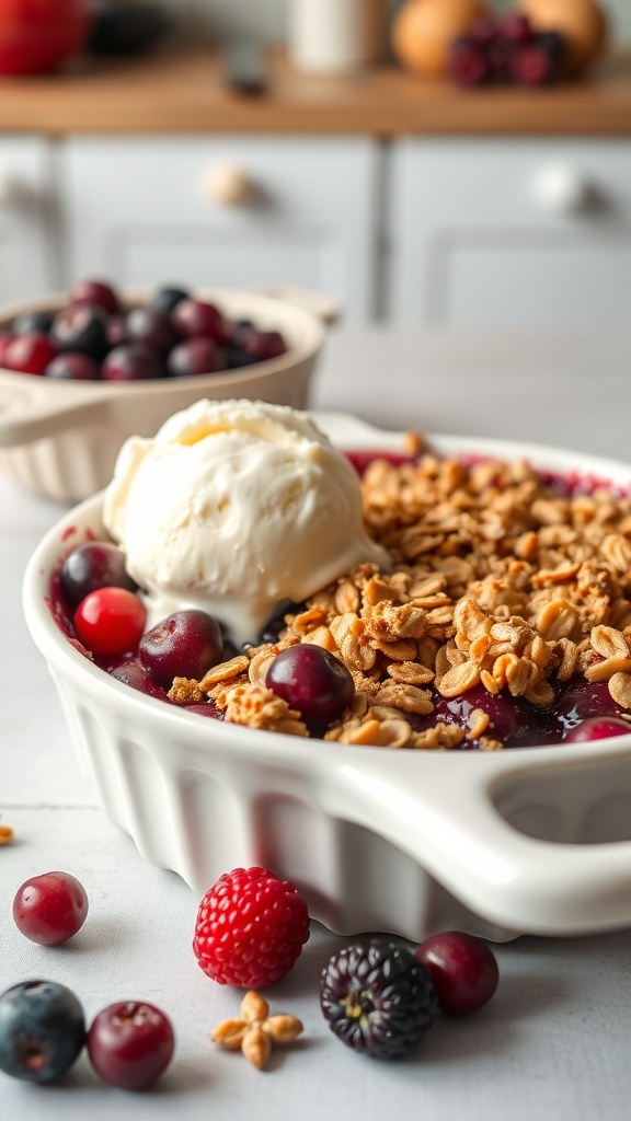 A delicious berry crisp with oat topping served with a scoop of ice cream, surrounded by fresh berries.