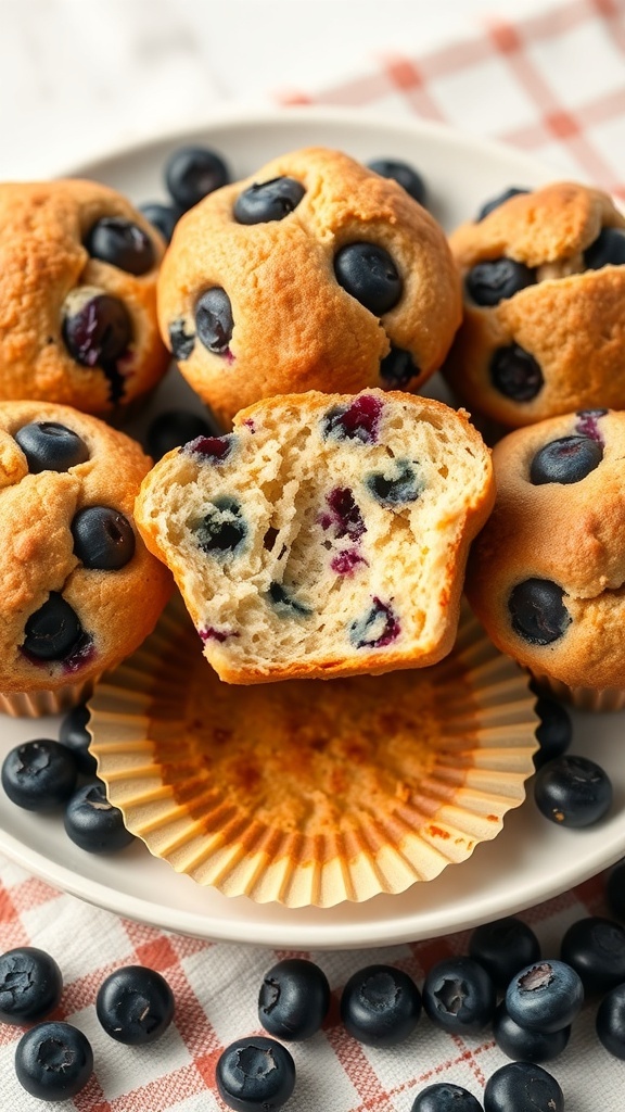 Delicious blueberry muffins on a plate with fresh blueberries scattered around.