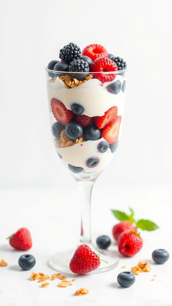 A classic berry parfait with layers of yogurt, mixed berries, and granola in a glass.