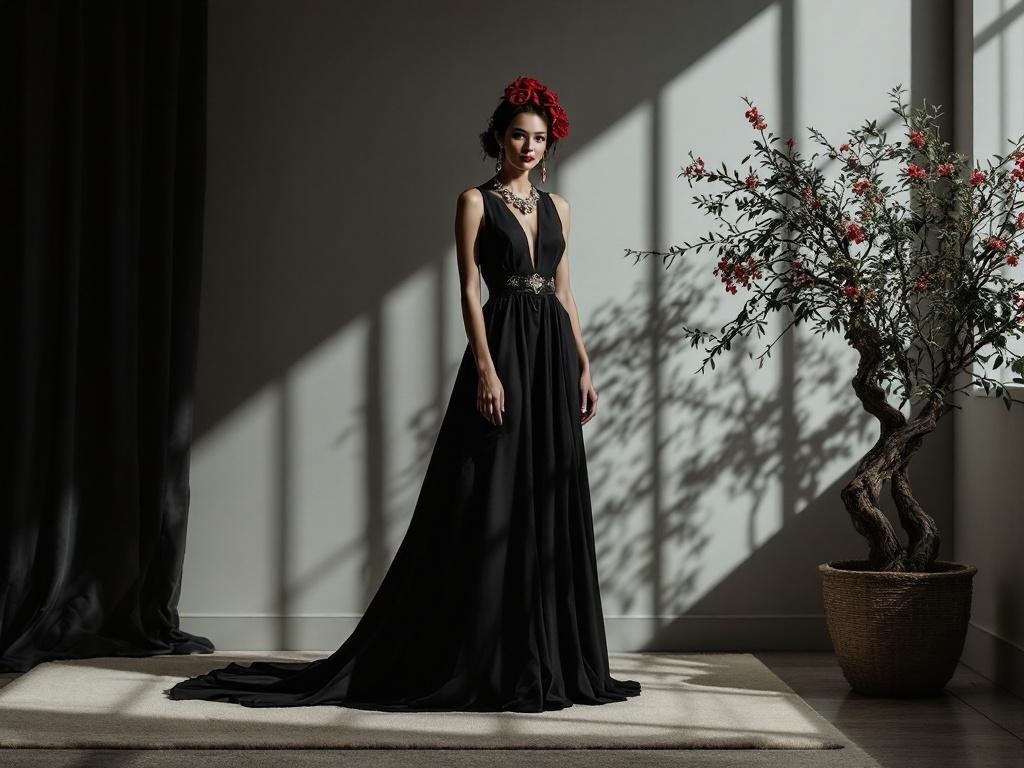 A model wearing a classic black dress with colorful accessories, including a flower crown, standing against a backdrop with dramatic lighting.