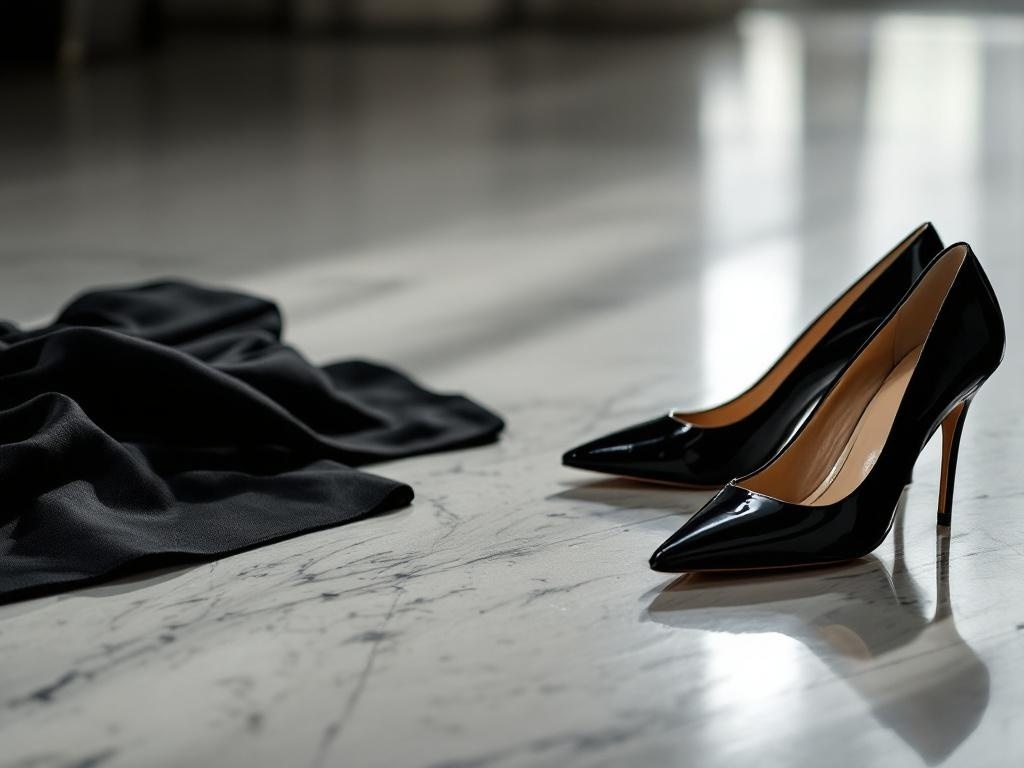A pair of classic black high heels next to a black fabric on a marble floor.
