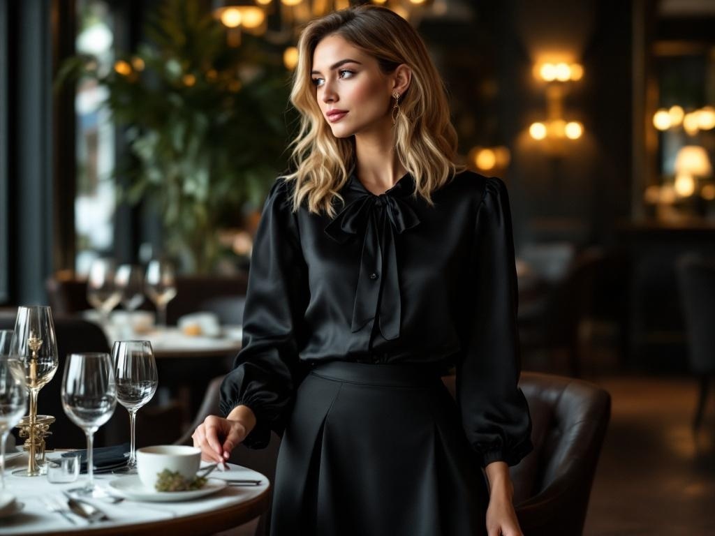A woman wearing a classic black midi skirt and a silk blouse, standing in a stylish restaurant setting.