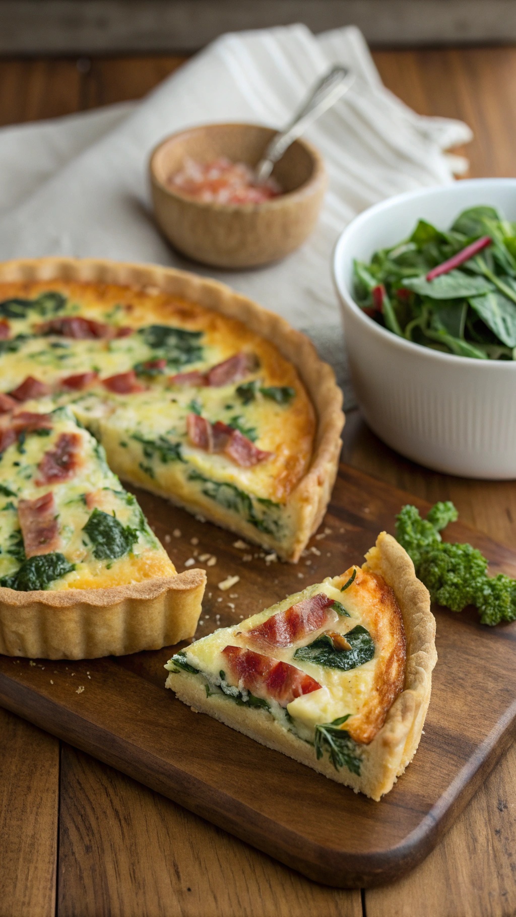 A delicious classic breakfast quiche with spinach and ham, served with fresh greens.