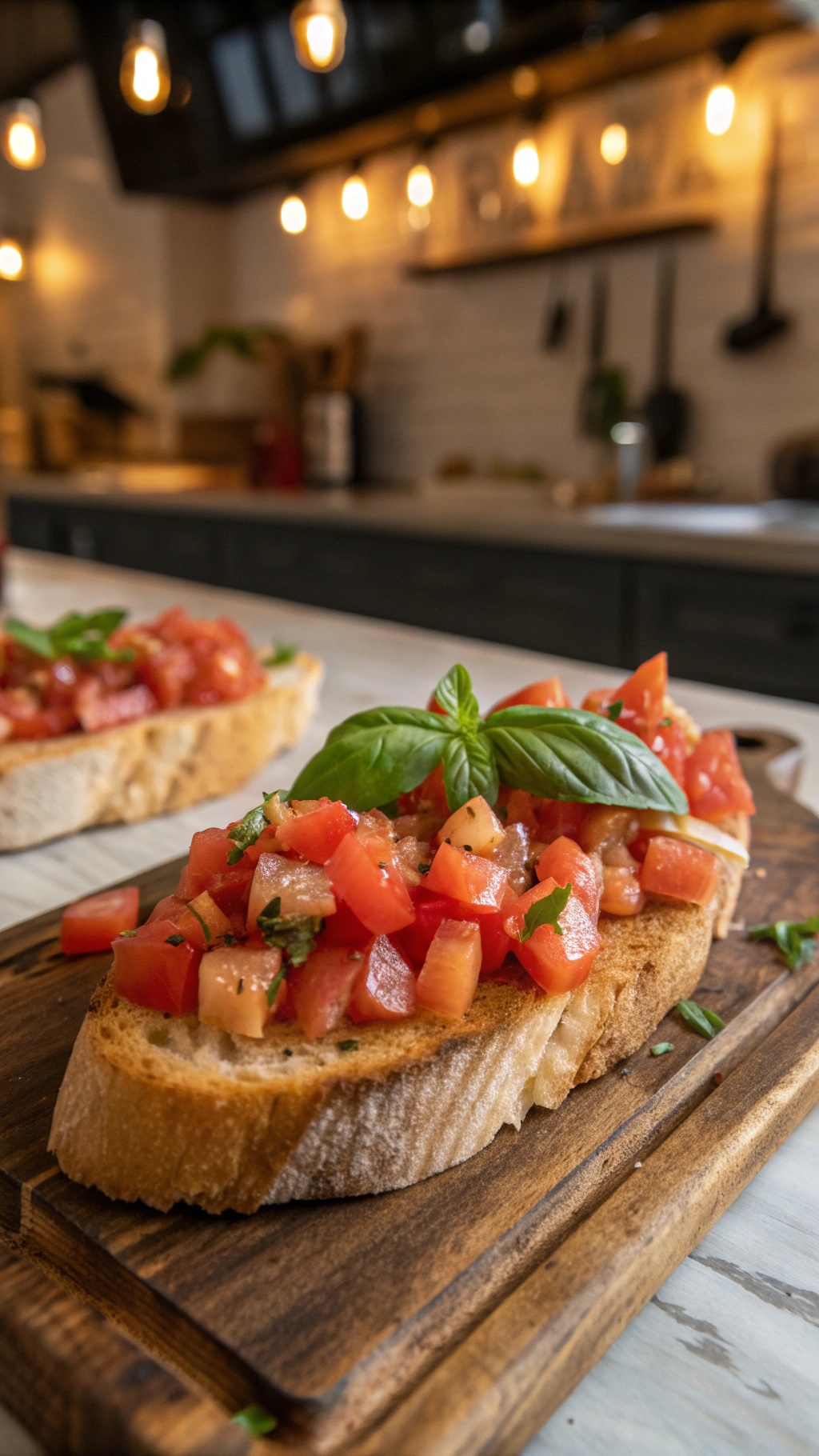 Classic bruschetta topped with diced tomatoes and basil on toasted bread.