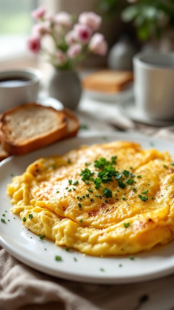 A classic cheese and herb omelet served with toast and coffee.