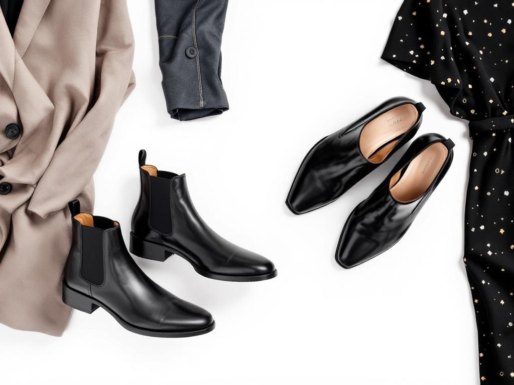 A pair of classic black Chelsea boots alongside a blazer and a dress, showcasing versatile styling options.