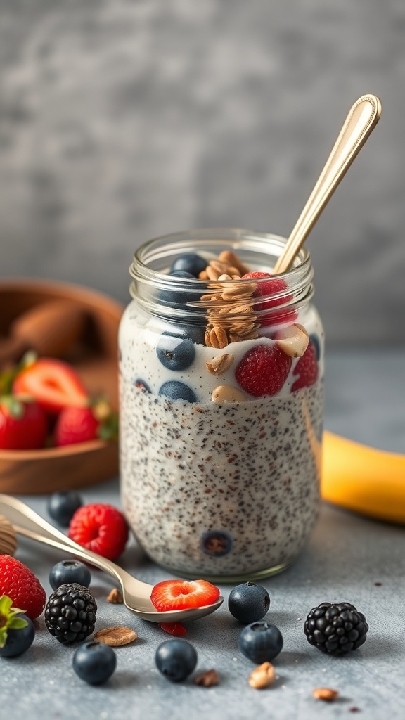 Chia seed pudding with berries and nuts in a jar