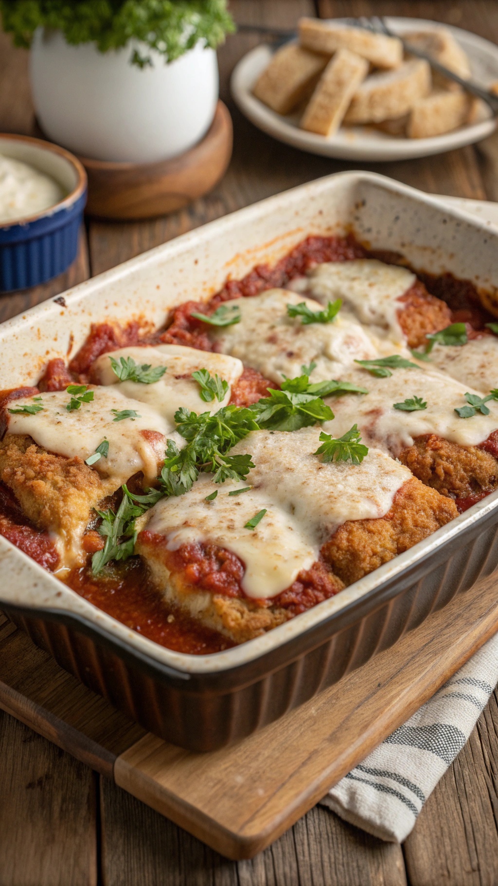 A delicious chicken parmesan casserole topped with melted cheese and fresh parsley.