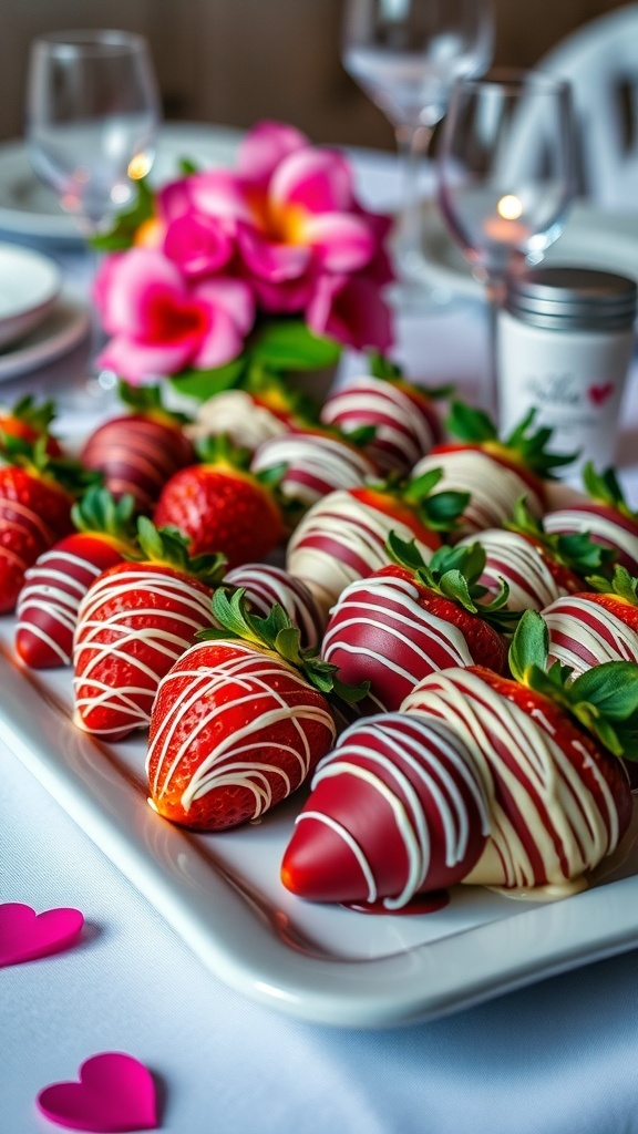 A platter of beautifully decorated chocolate-covered strawberries with white chocolate drizzle, surrounded by flowers and elegant table settings.