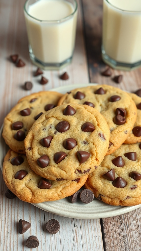A plate of chocolate chip cookies with glasses of milk in the background.