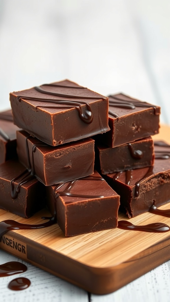 Delicious chocolate fudge squares drizzled with chocolate on a wooden board.