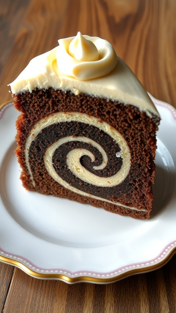 A slice of chocolate swirl cake with a creamy frosting on top.