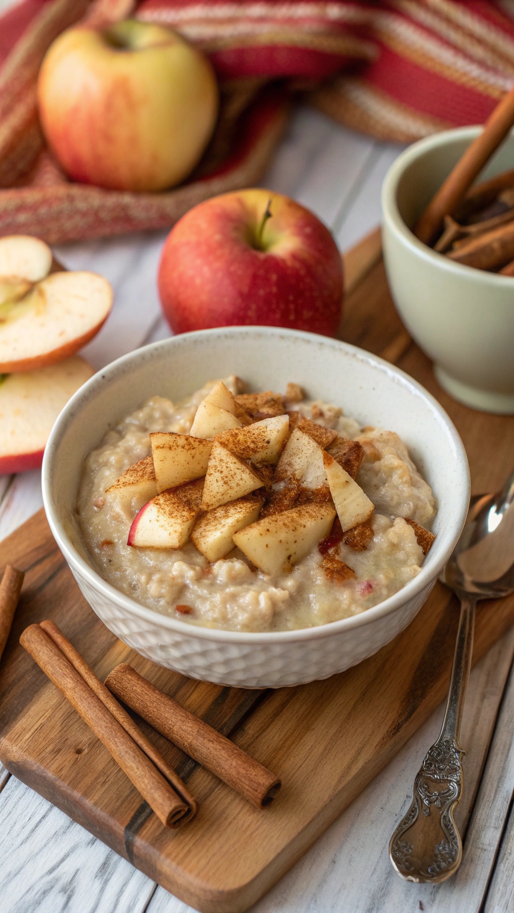A bowl of cinnamon apple overnight oats topped with diced apples and cinnamon, surrounded by fresh apples and cinnamon sticks.