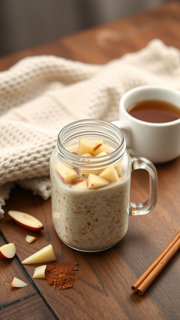 A jar of cinnamon apple overnight oats with diced apples and cinnamon on a wooden table, accompanied by a cup of tea.