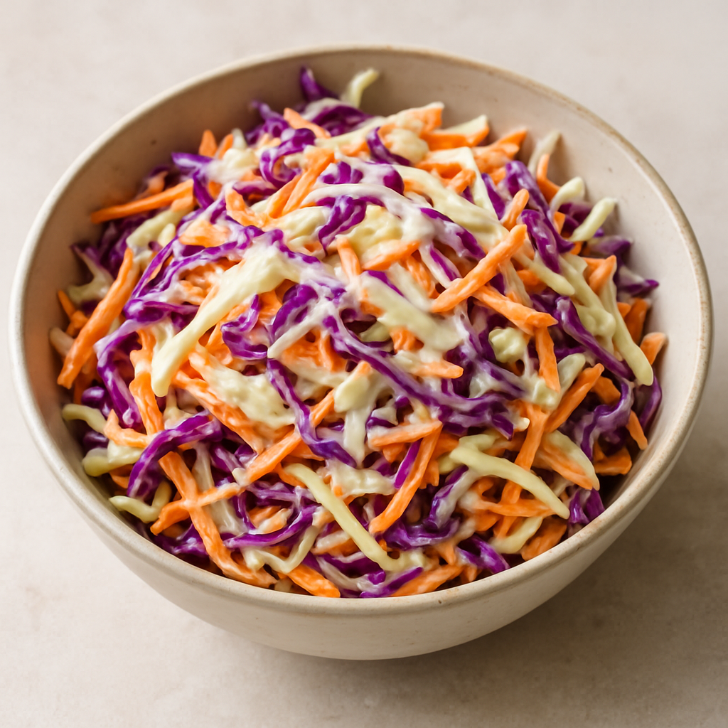 A bowl of coleslaw surrounded by various Thanksgiving dishes including turkey and green beans.