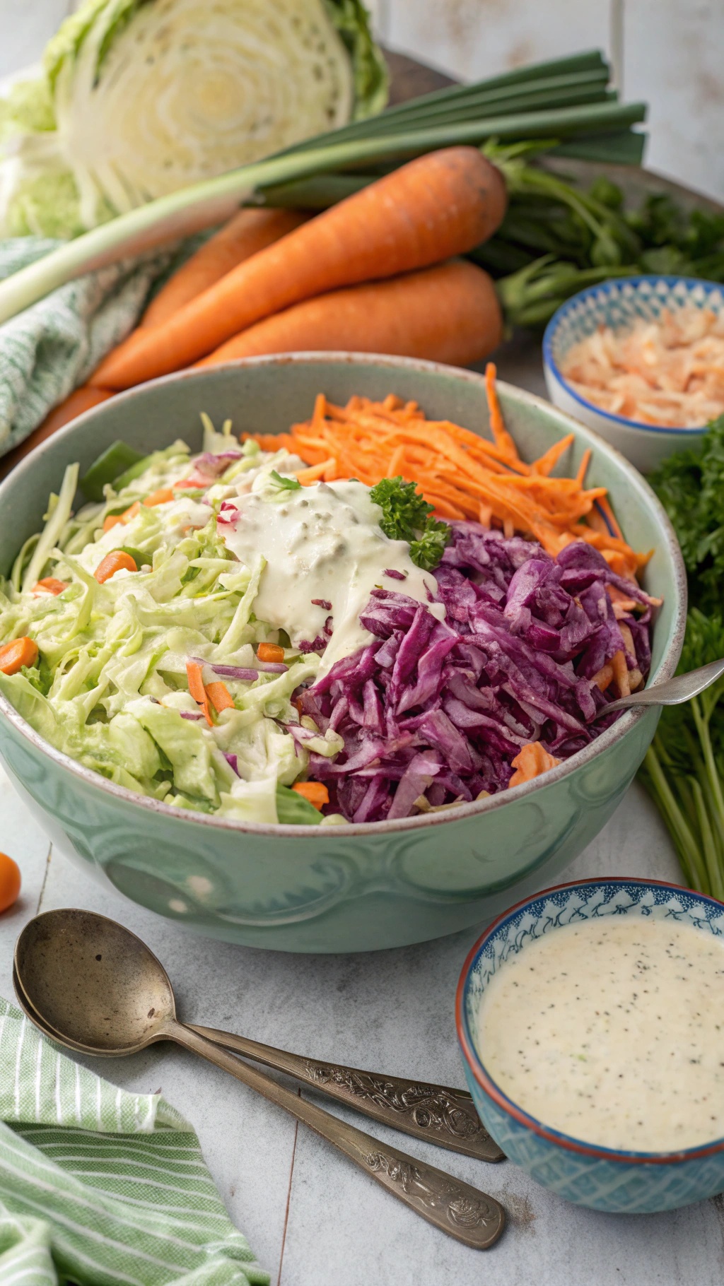 A colorful bowl of classic coleslaw with green and purple cabbage, shredded carrots, and a creamy dressing.