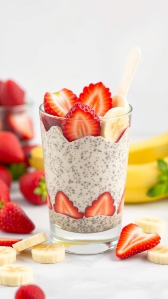 A glass of strawberry banana chia pudding topped with fresh strawberries and banana slices.