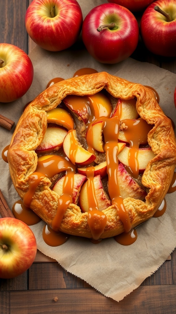 A delicious caramel apple galette topped with caramel sauce, surrounded by fresh apples.