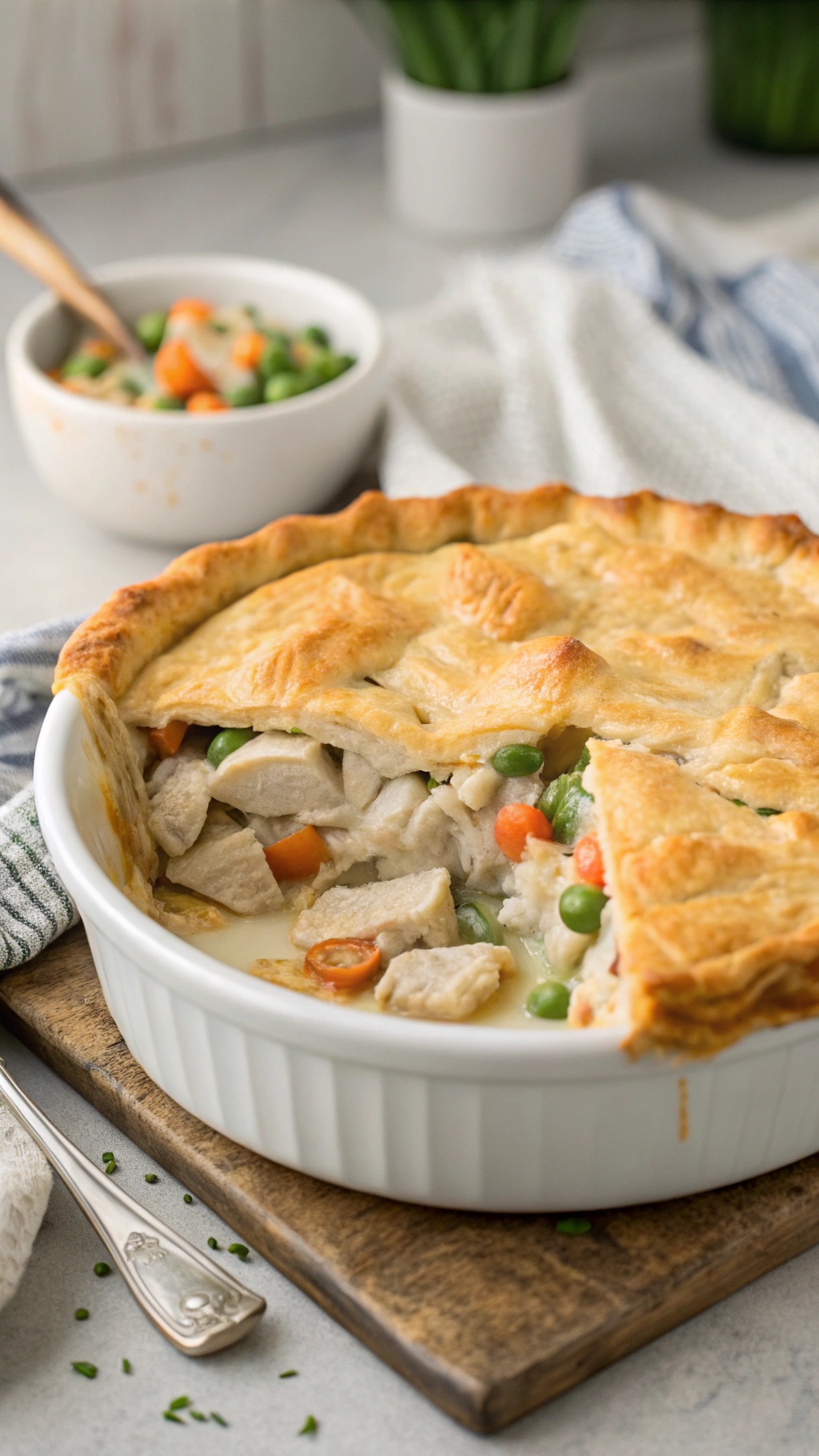 A delicious chicken pot pie casserole with a golden crust and colorful filling, served in a white dish.