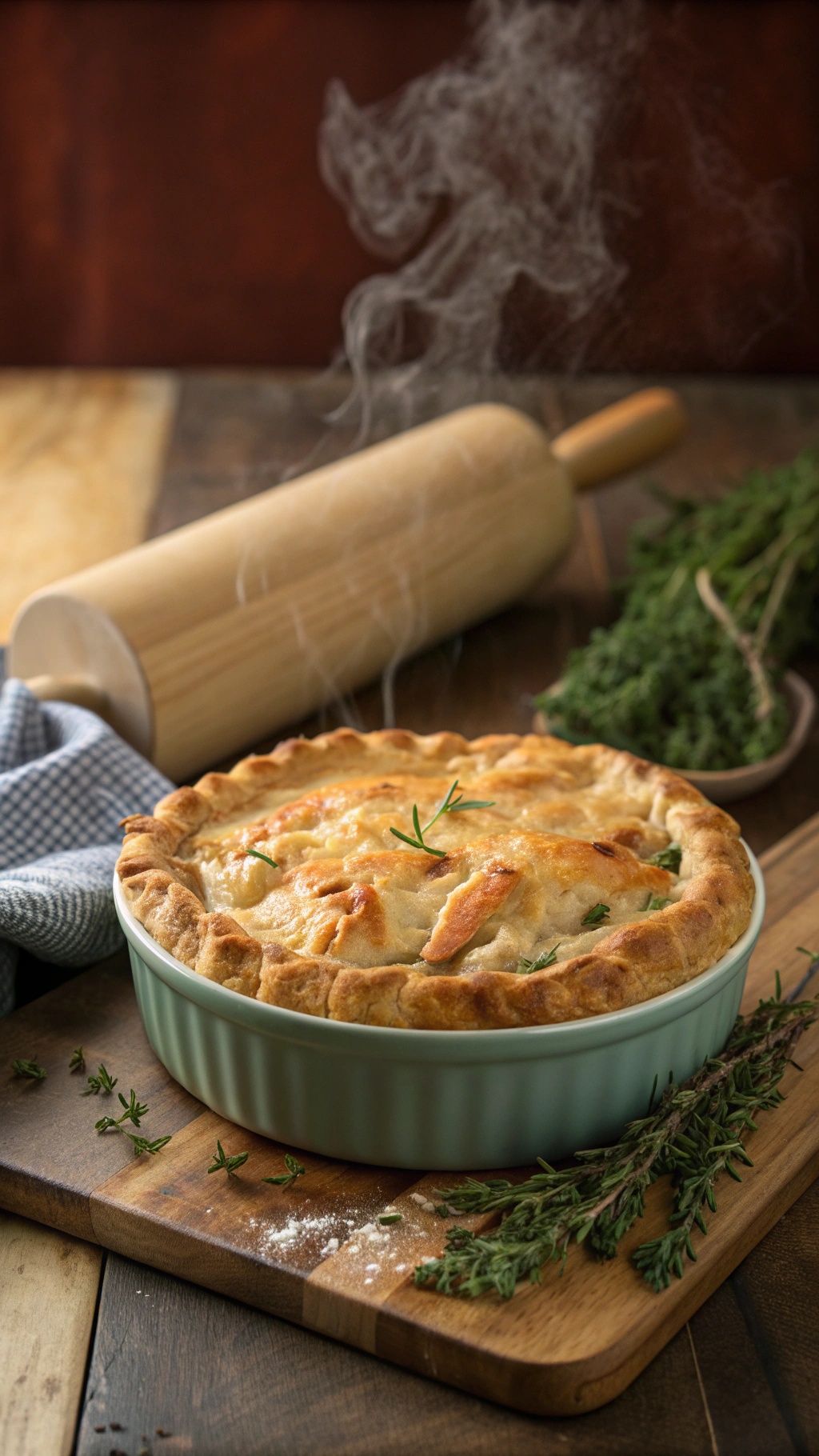 A freshly baked chicken pot pie with steam rising, placed on a wooden cutting board with a rolling pin and herbs in the background.