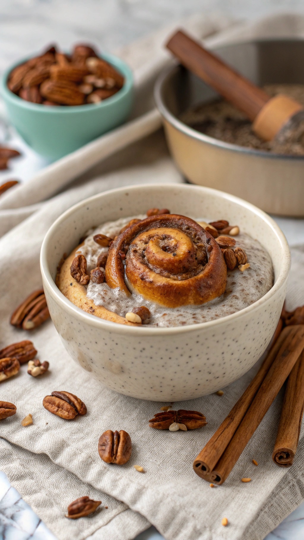 A bowl of cinnamon roll chia pudding topped with a mini cinnamon roll and pecans, surrounded by cinnamon sticks and nuts.