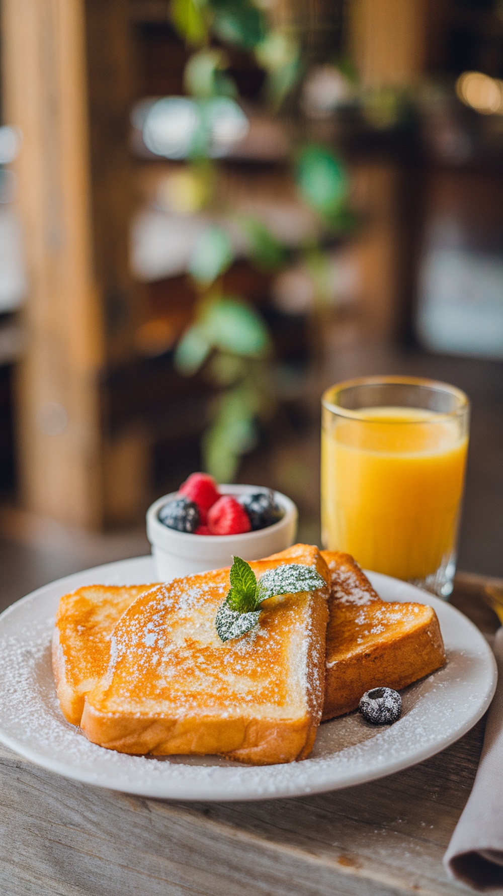 A plate of French toast garnished with mint, served with fresh berries and orange juice.
