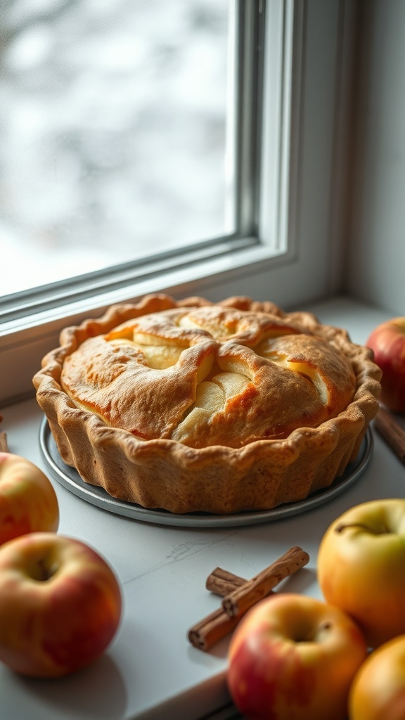 A freshly baked apple pie on a windowsill with apples and cinnamon sticks around it.