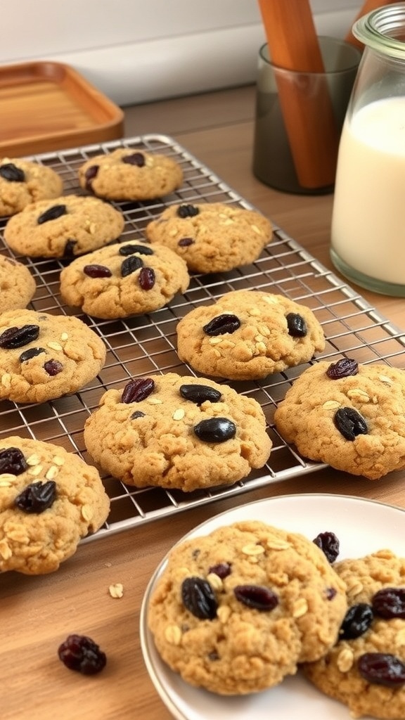 A batch of oatmeal raisin cookies cooling on a wire rack, with some cookies on a plate and a glass of milk beside them.