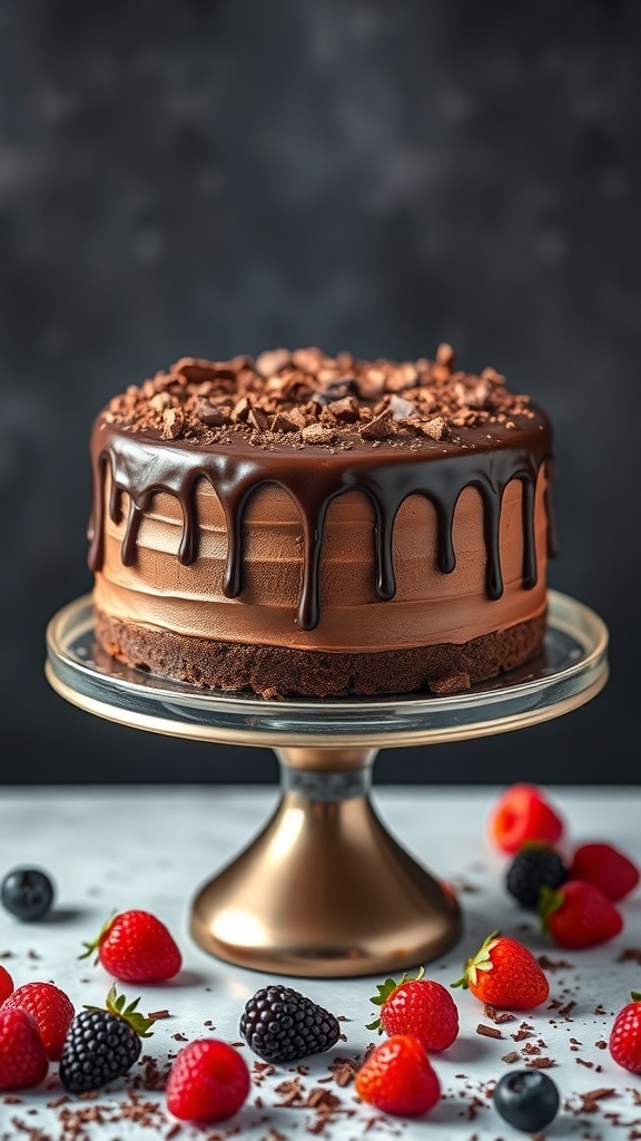 A beautifully layered chocolate cake with chocolate ganache and fresh berries on a cake stand.