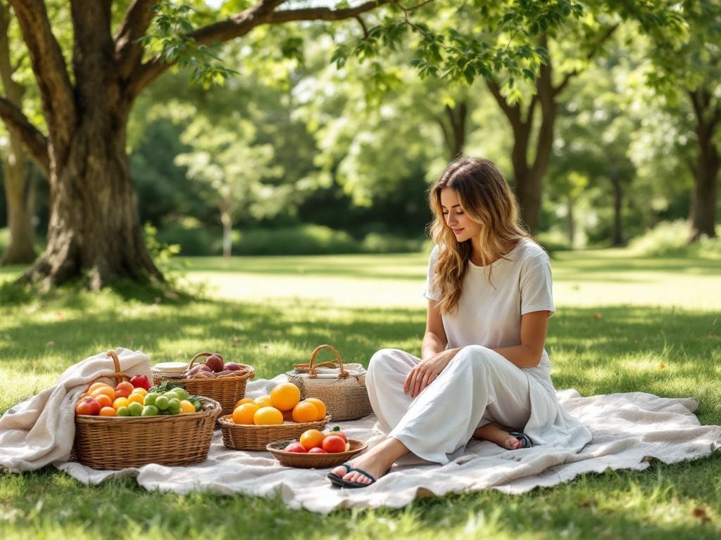 A woman sitting on a blanket in a park, wearing a cotton maxi skirt and surrounded by baskets of fruits.