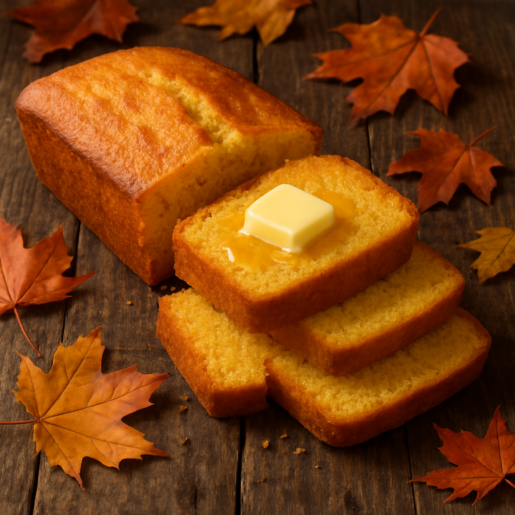 A loaf of cornbread with slices and butter on top, surrounded by autumn leaves.