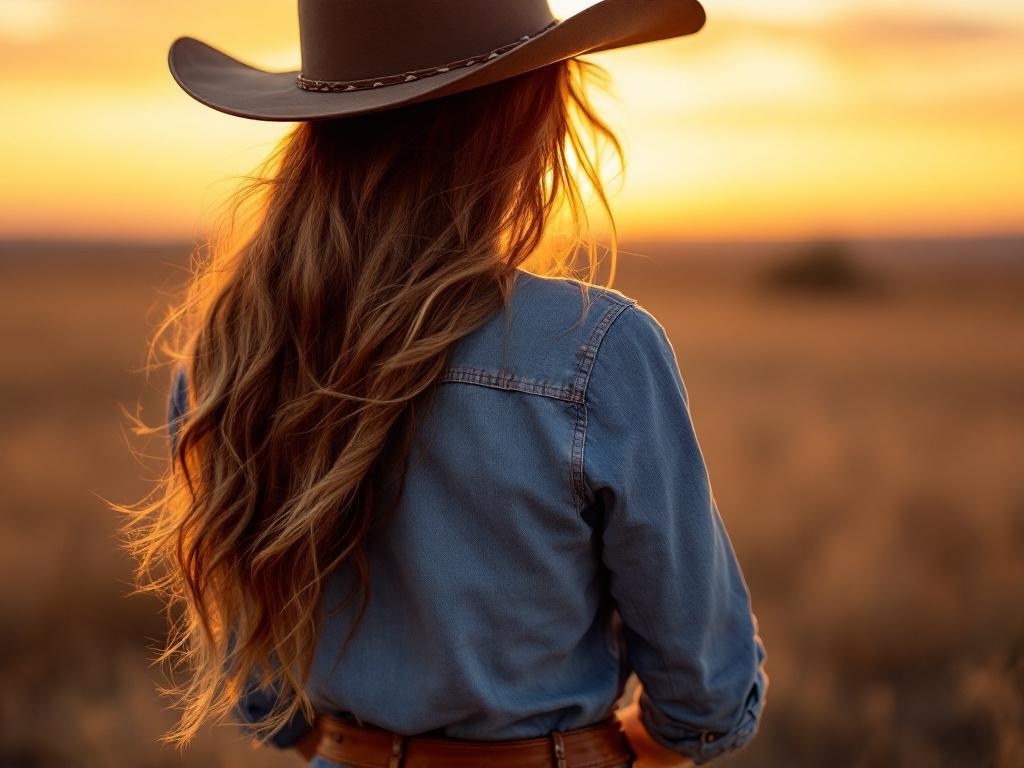 A woman wearing a cowboy hat and denim shirt, looking at a sunset in a field.