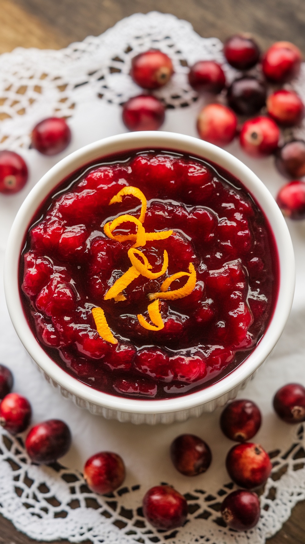 A bowl of cranberry sauce garnished with orange zest, surrounded by fresh cranberries.