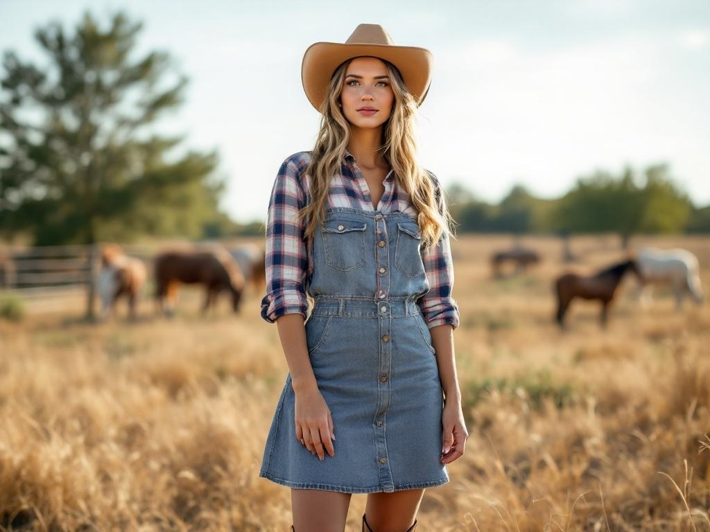 A model in a denim skirt and plaid shirt stands in a field with horses.