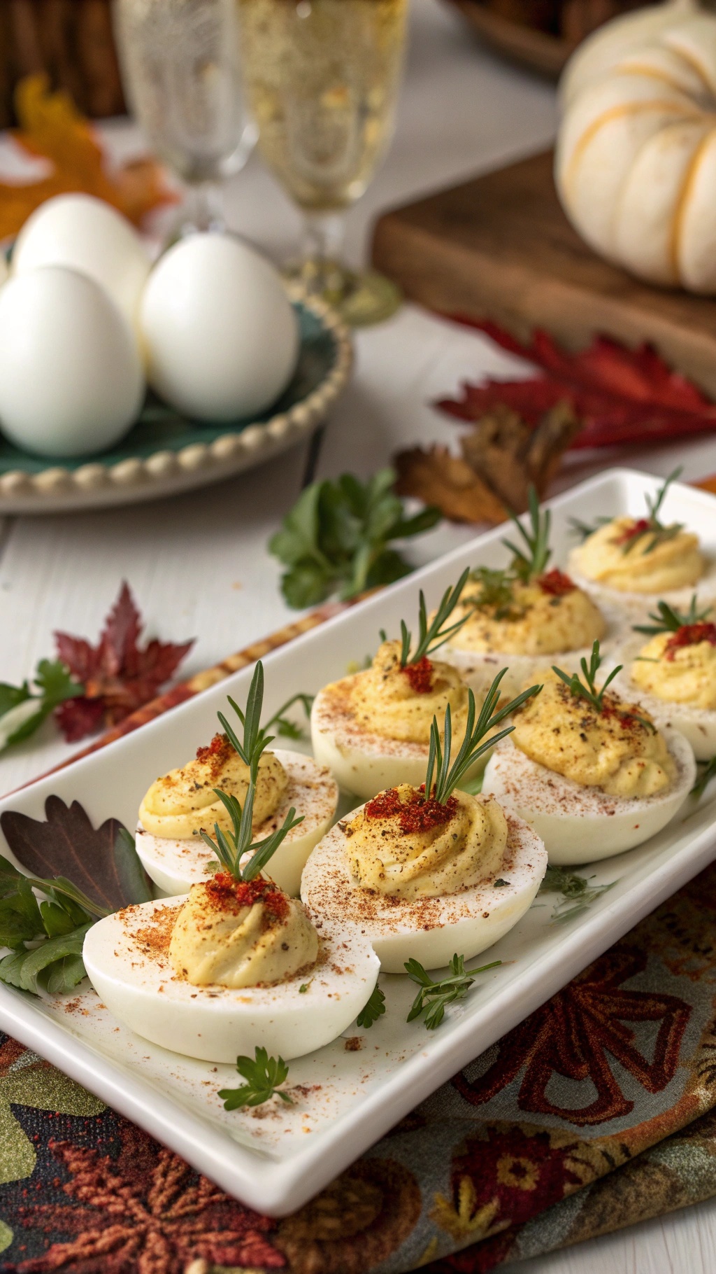 A platter of gourmet deviled eggs garnished with herbs and paprika, surrounded by fall leaves and decorative elements.