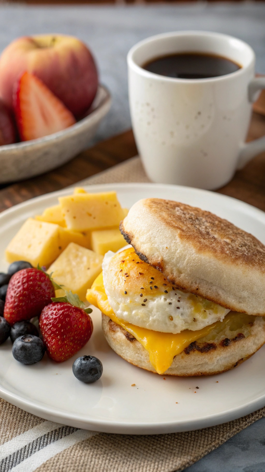 A delicious egg and cheese breakfast sandwich on a plate with fresh fruit and coffee.