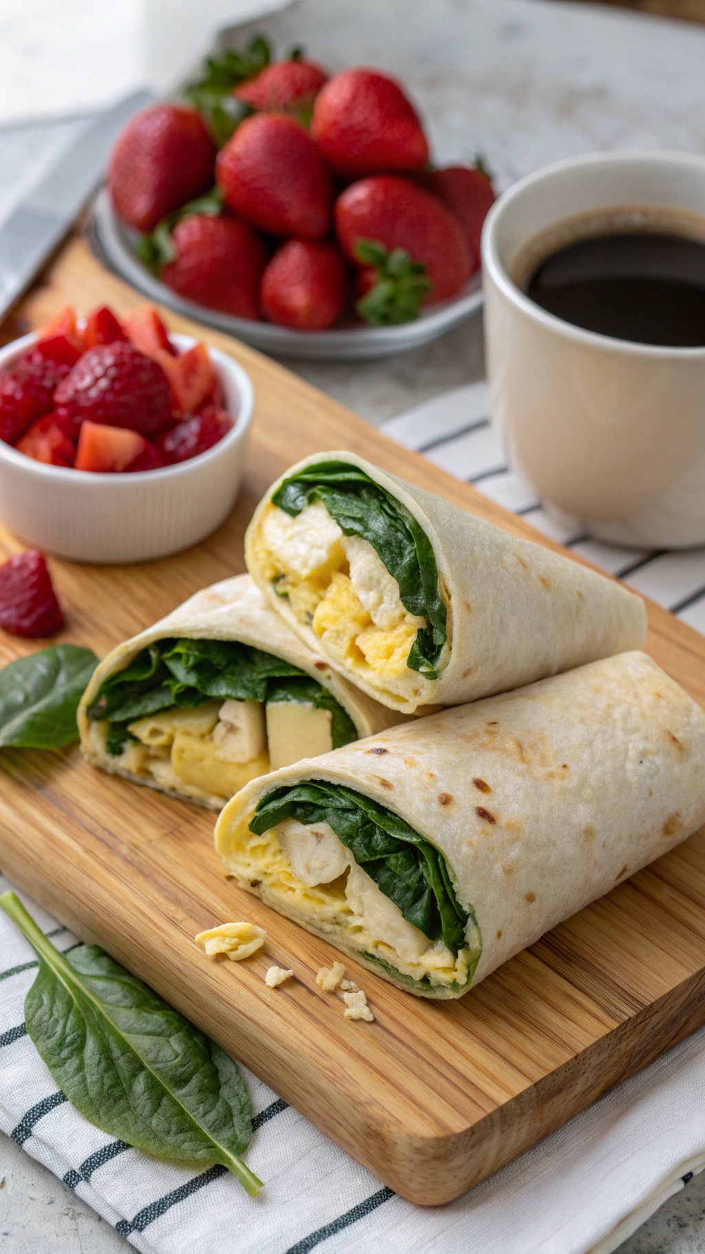 Classic Egg and Spinach Breakfast Wrap with strawberries and coffee