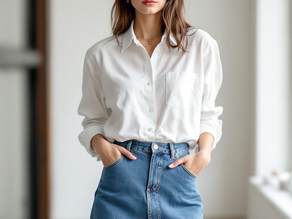 Woman wearing a white button-up shirt and a denim skirt