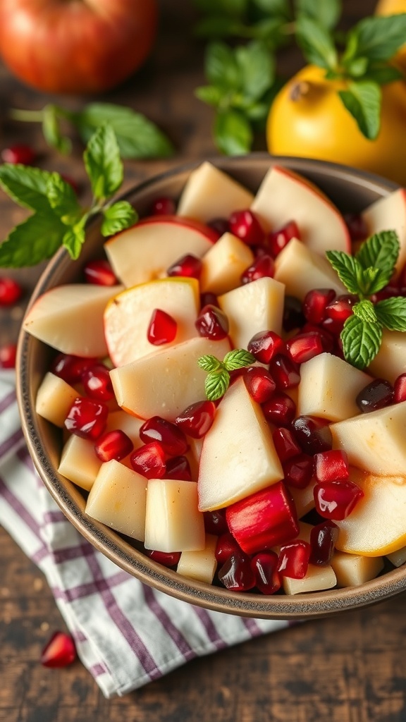 A bowl of classic fall fruit salad with apples, pears, and pomegranate seeds garnished with mint leaves.