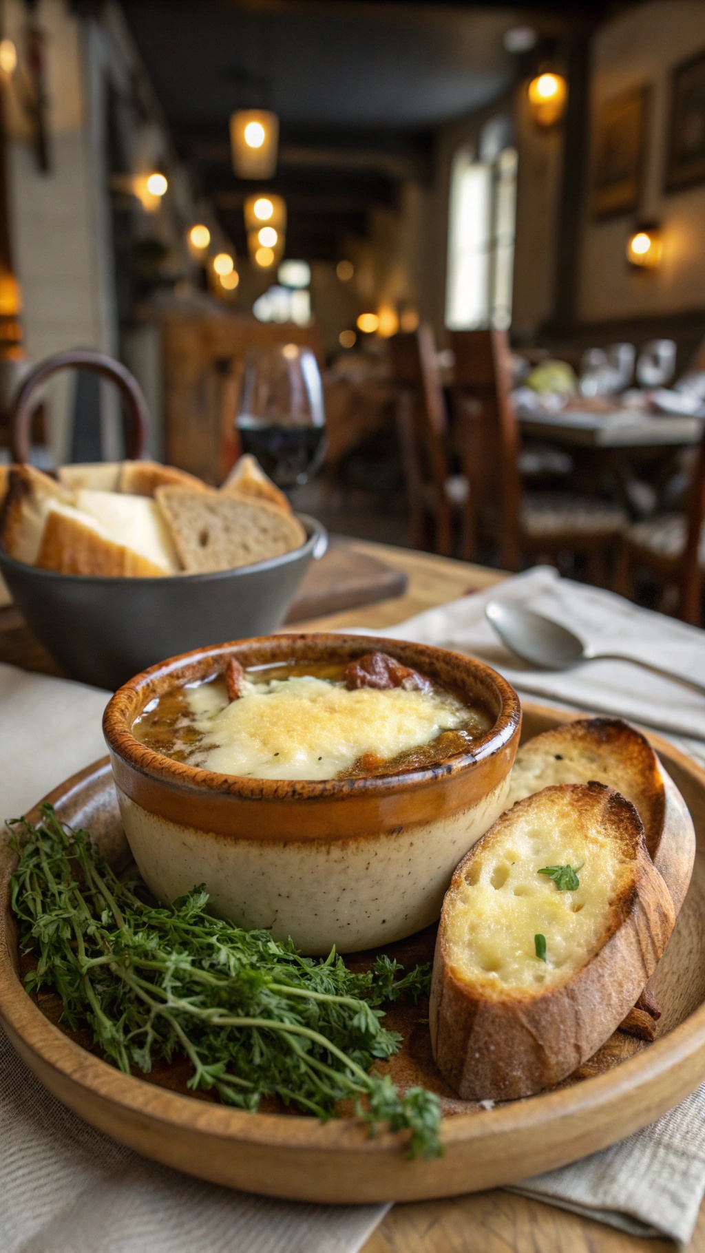 A bowl of classic French onion soup topped with melted cheese, served with toasted bread and herbs.