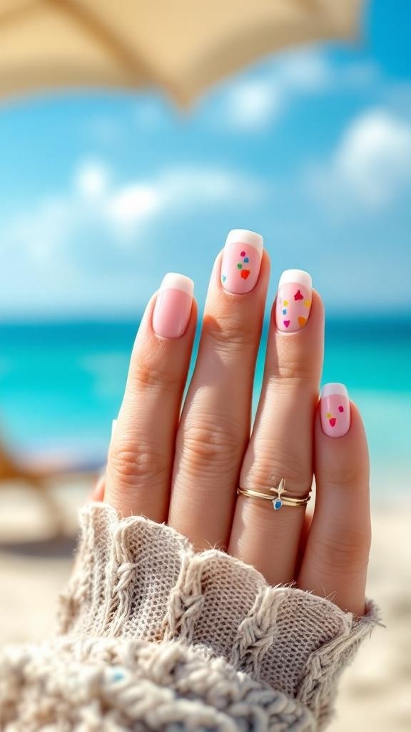 Close-up of a hand with classic French tip nails featuring colorful dots, set against a beach background.