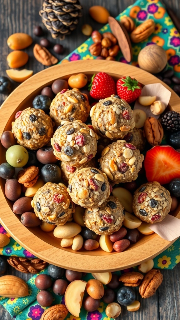A wooden bowl filled with fruit and nut energy balls surrounded by various nuts and dried fruits.