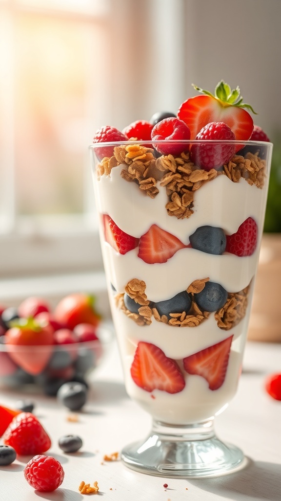 A colorful fruit and yogurt parfait with layers of yogurt, strawberries, blueberries, and granola in a glass.