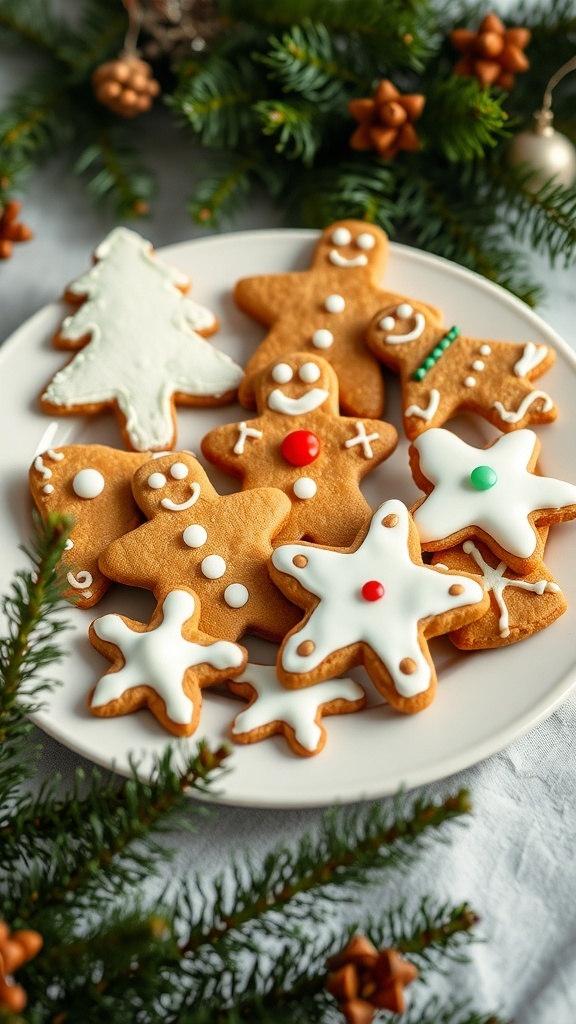 A plate of decorated gingerbread cookies including gingerbread men, stars, and trees, surrounded by festive greenery.