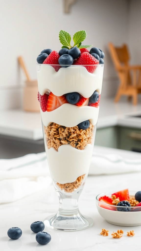 A delicious Greek yogurt parfait with layers of yogurt, granola, strawberries, and blueberries topped with mint.