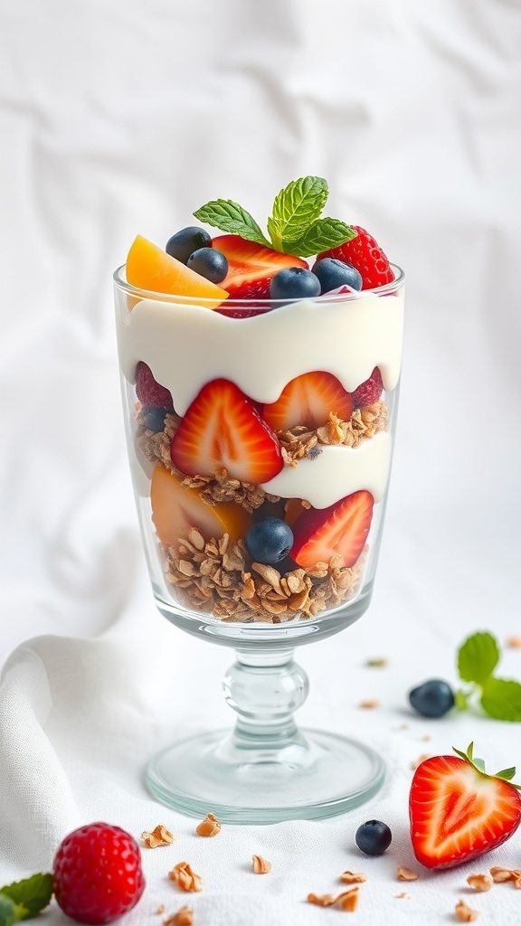 A Greek yogurt parfait with layers of yogurt, granola, and fresh fruits in a glass