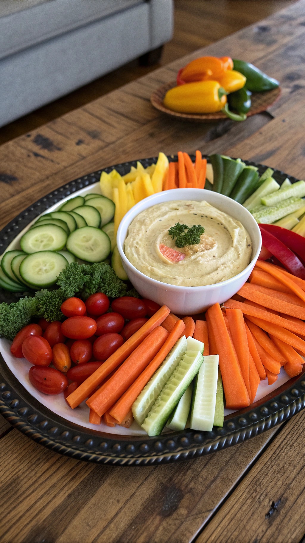 A colorful platter of fresh vegetables and hummus on a wooden table.